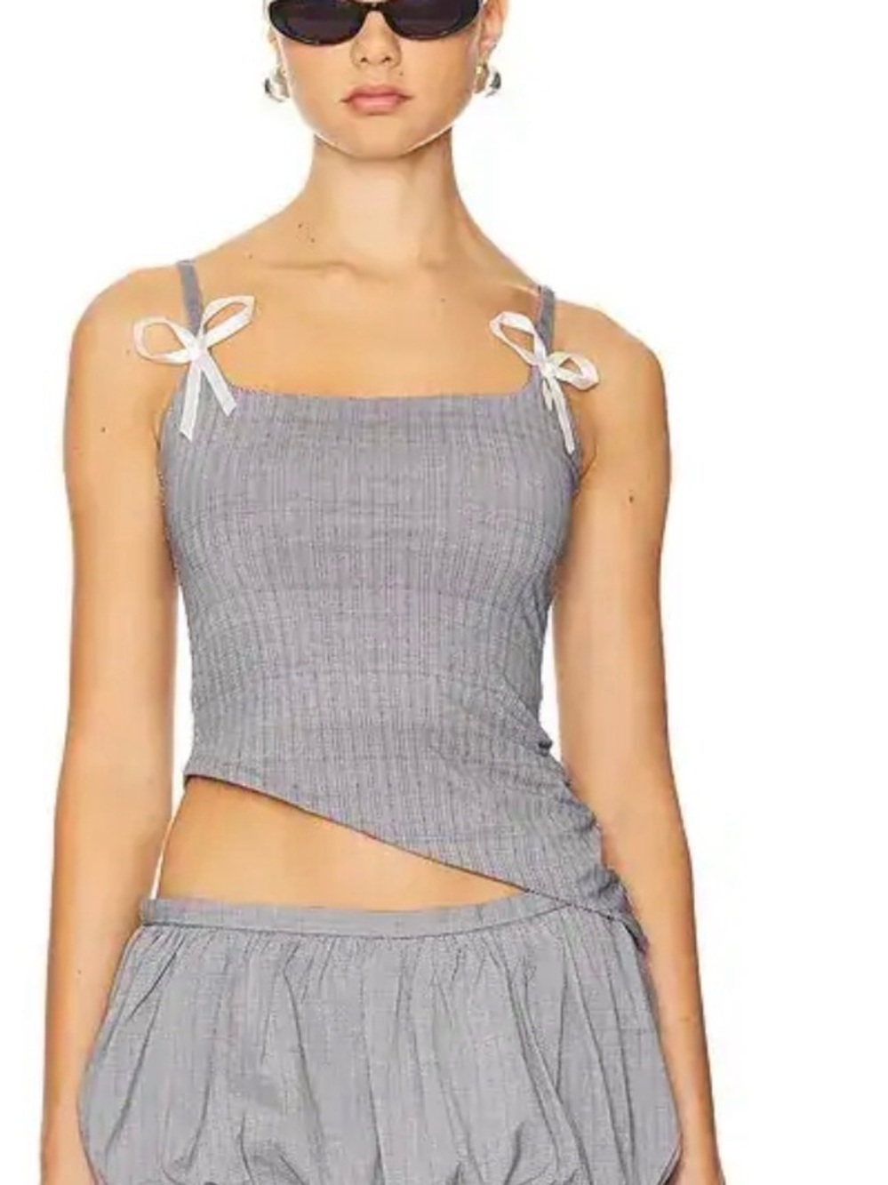 Lioness Gray Ribbed Asymmetrical Camisole with Bow Straps